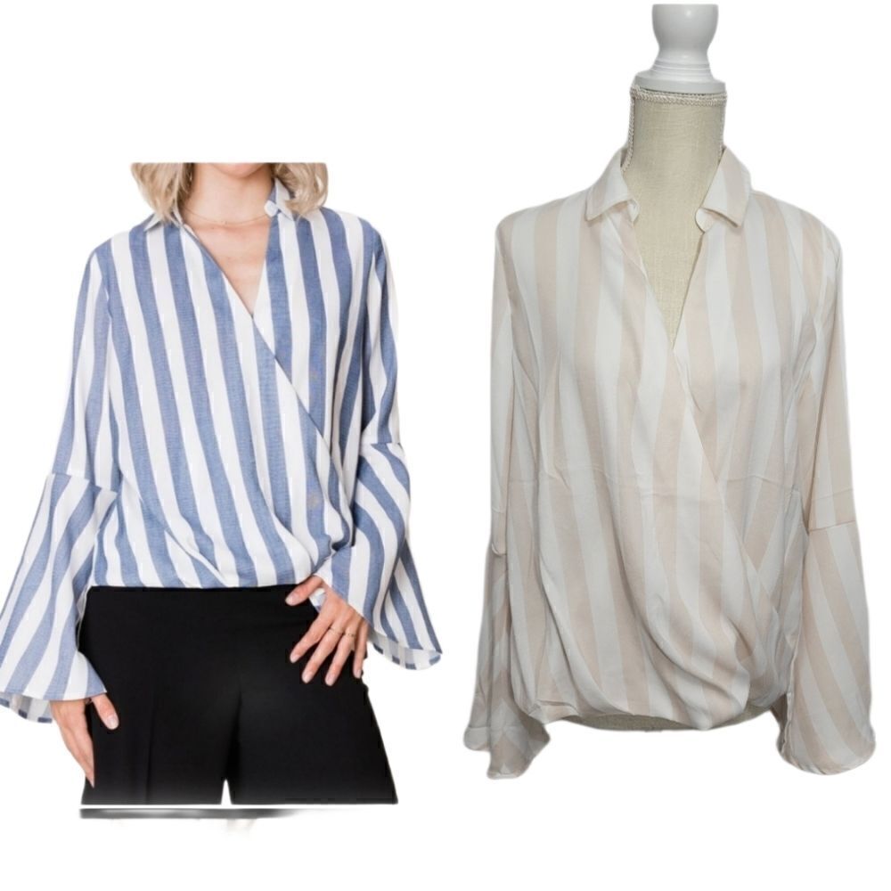 HYFVE striped wrap blouse Sz M Tan